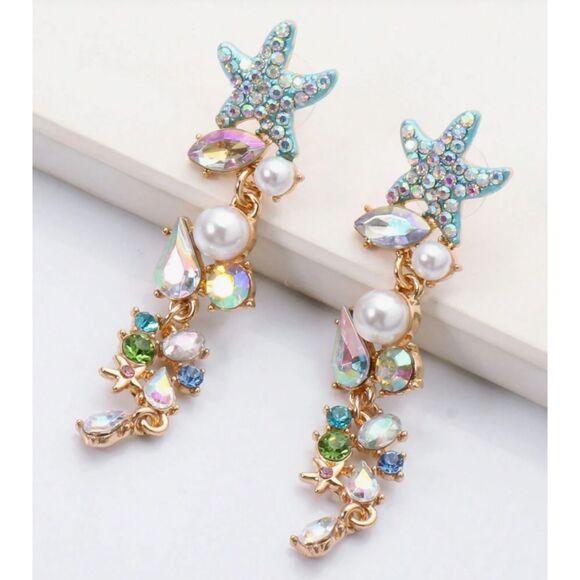 Jewelry - Blue Starfish, Stones, & Pearls Dangle Earrings
